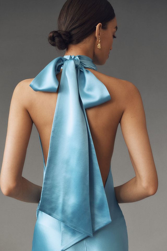 SAU LEE Penelope High-Neck Backless Satin Gown #6