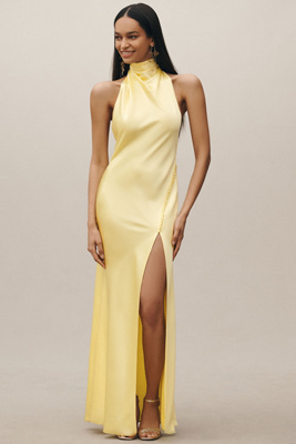 SAU LEE PENELOPE HIGH-NECK BACKLESS SATIN GOWN 