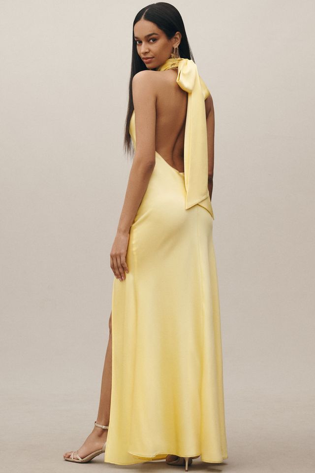 SAU LEE Penelope High-Neck Backless Satin Gown