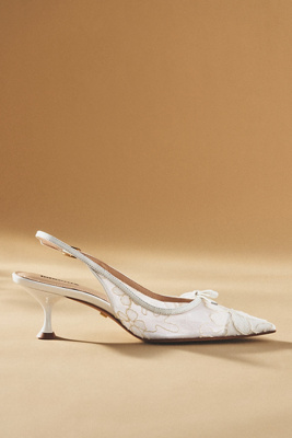 Lola Cruz Embroidered Lace Slingback Kitten Heels In White