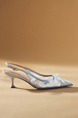 Lola Cruz Embroidered Lace Slingback Kitten Heels In Blue