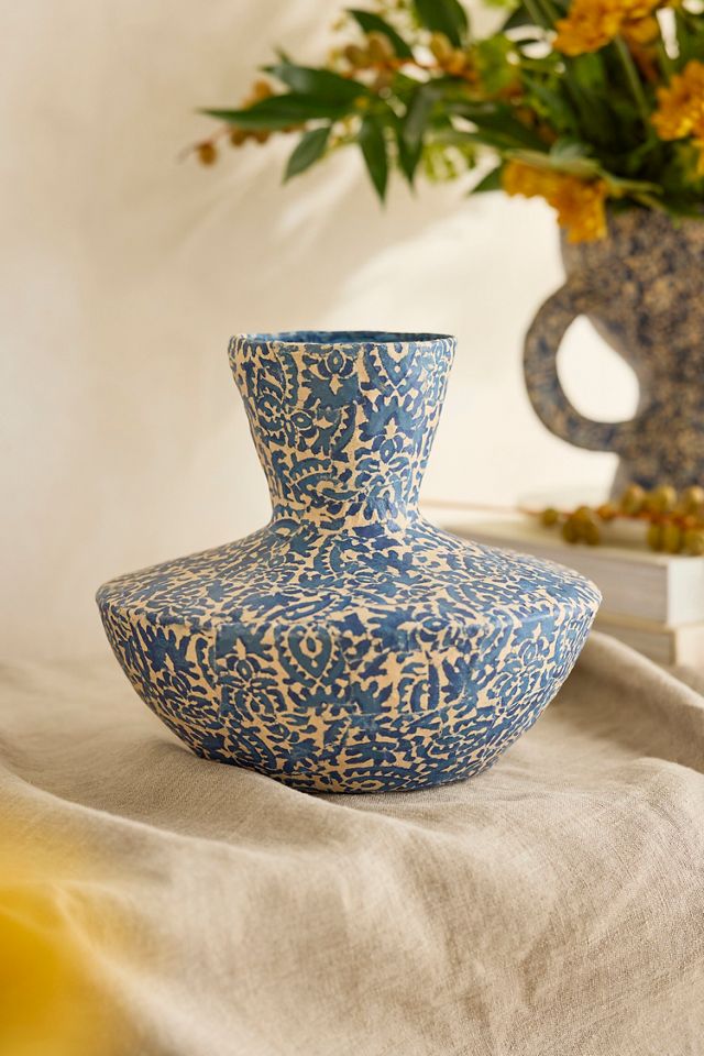 Patterned Papier Mache Vase, Blue Wide #1