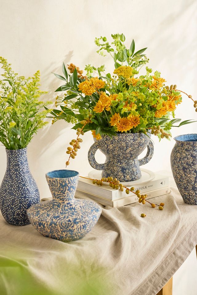 Patterned Papier Mache Vase, Blue Tall #1