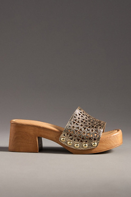 By Anthropologie Floral Peep-toe Clog Sandals In Gold