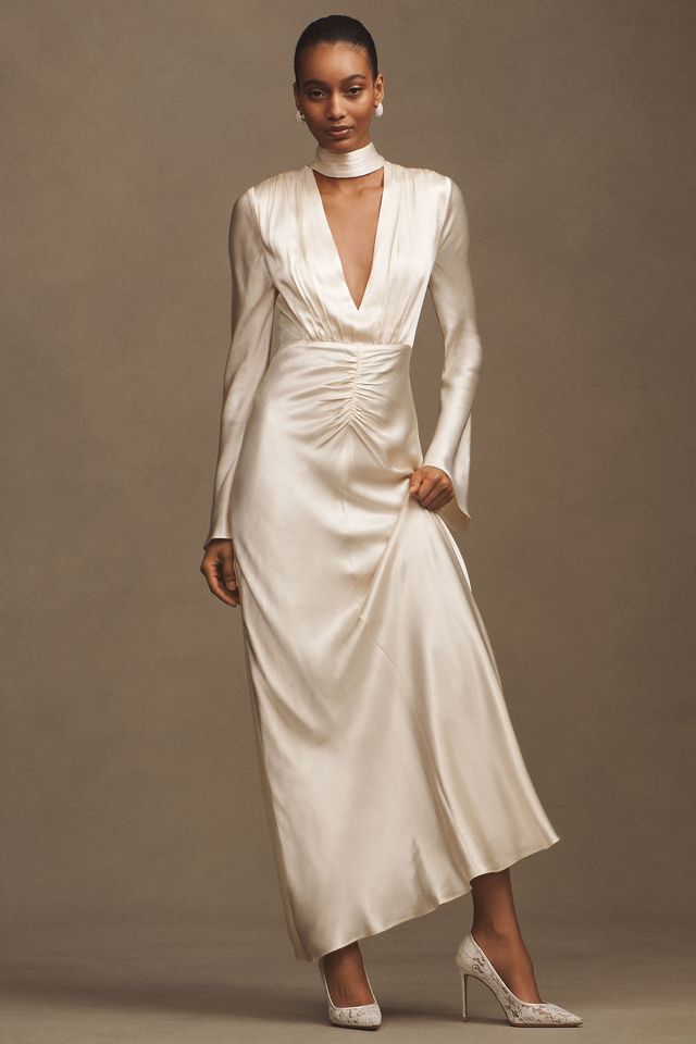 Shona Joy La Lune Long-Sleeve Plunge V-Neck Satin Maxi Dress #1