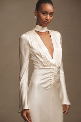 Shona Joy La Lune Long-Sleeve Plunge V-Neck Satin Maxi Dress