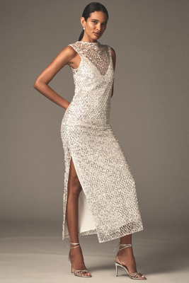 Shona Joy Asteri Sleeveless High-Neck Sequin & Beaded Maxi Dress