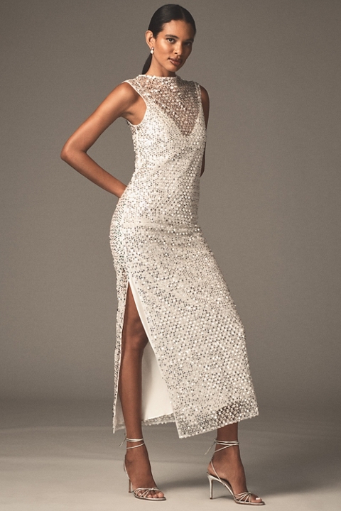 Shona Joy Asteri Sleeveless High-Neck Sequin & Beaded Maxi Dress