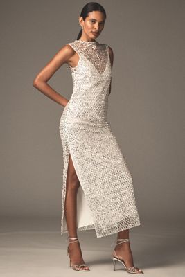 Shona Joy Asteri Sleeveless High-Neck Sequin & Beaded Maxi Dress