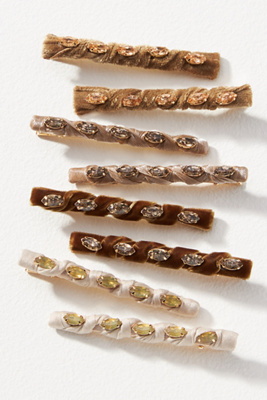 Anthropologie Velvet Crystal Barrettes, Set Of 8 In Beige