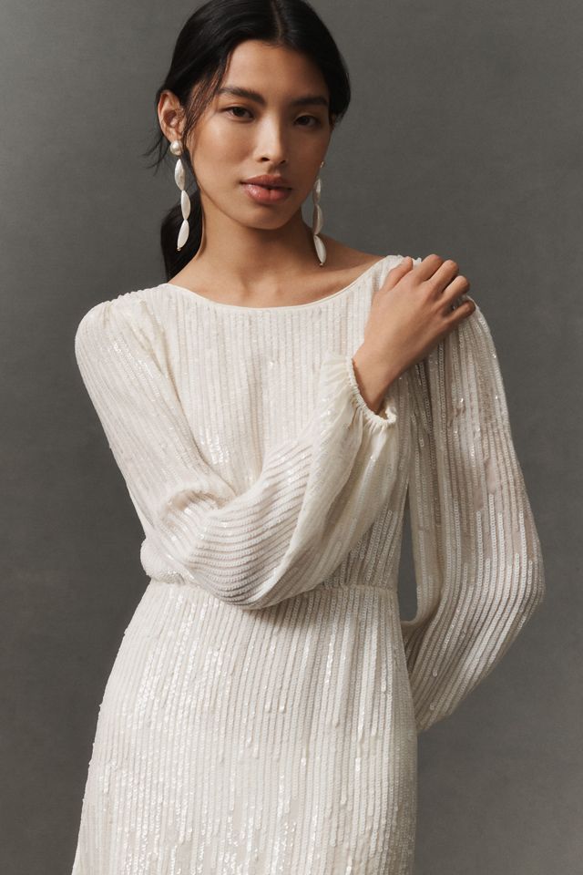 RIXO Coco Long-Sleeve Boat-Neck Sequin Midi Dress #2