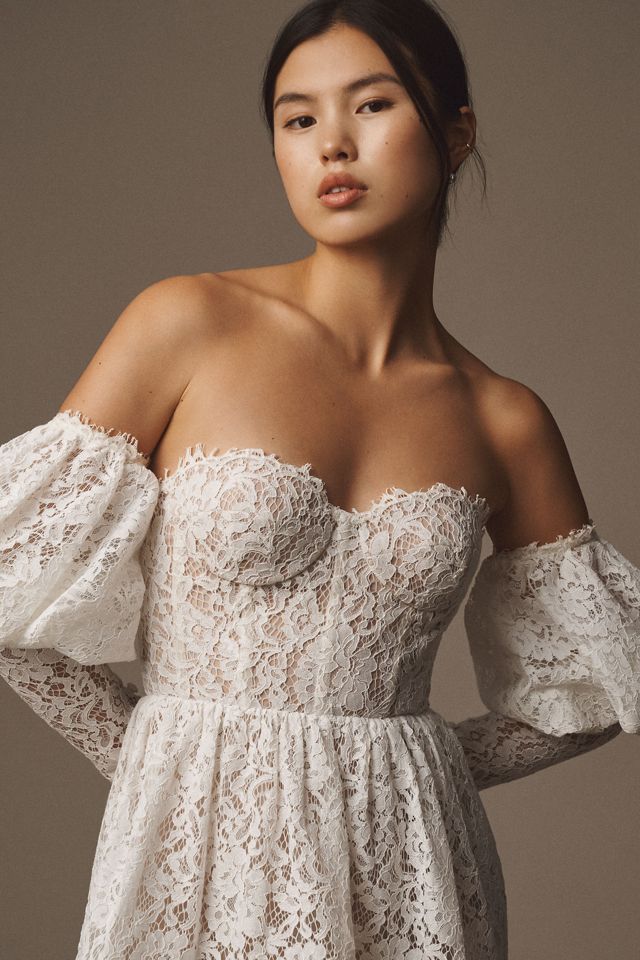 Watters Tart Removable Puff-Sleeve Sweetheart Lace Mini Dress #3