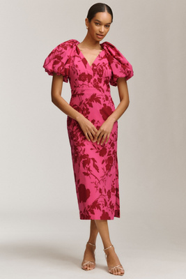 BHLDN Brooke Puff-Sleeve V-Neck Midi Dress