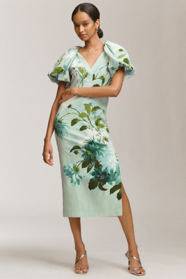 Bhldn Brooke Puff-sleeve V-neck Midi Dress In Green