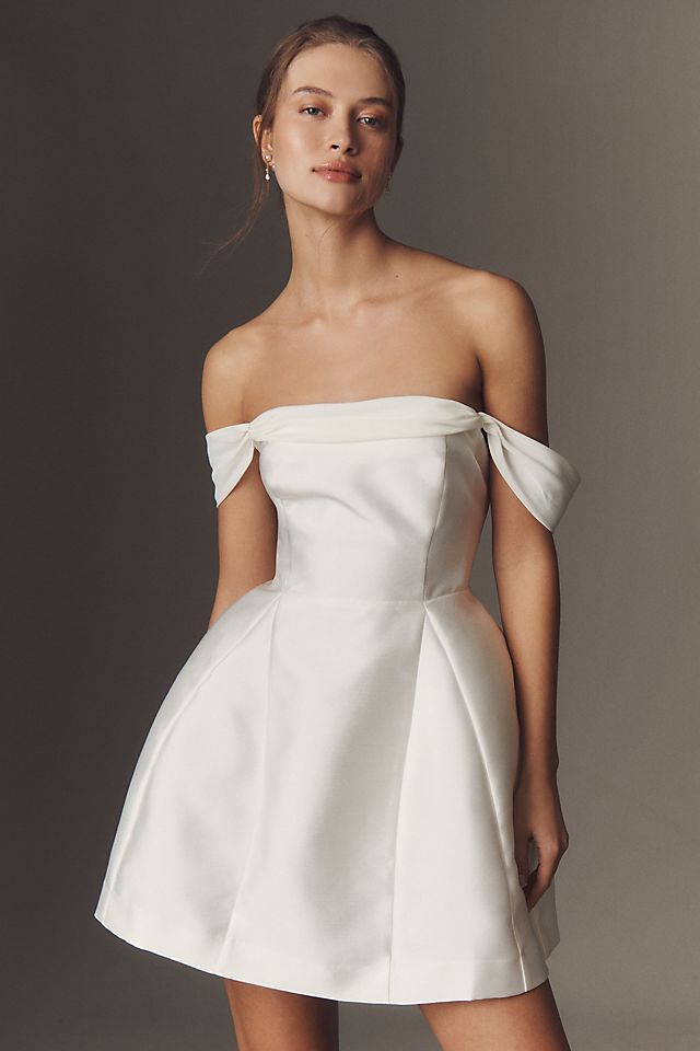 bhldn lydia off the shoulder corset mini dress A modern take on ballerina mini, sculpted in satin, the inspired waist for a sculpted yet airy look BHLDN Lydia Off-The-Shoulder Corset Mini
