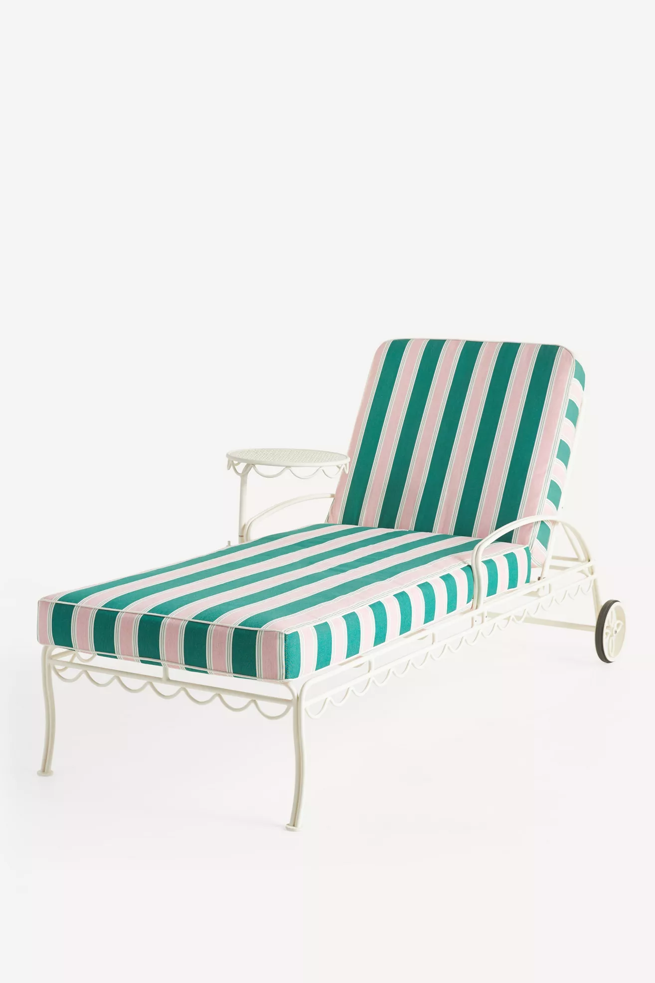 Close-up of striped cushion fabric with teal and pink stripes