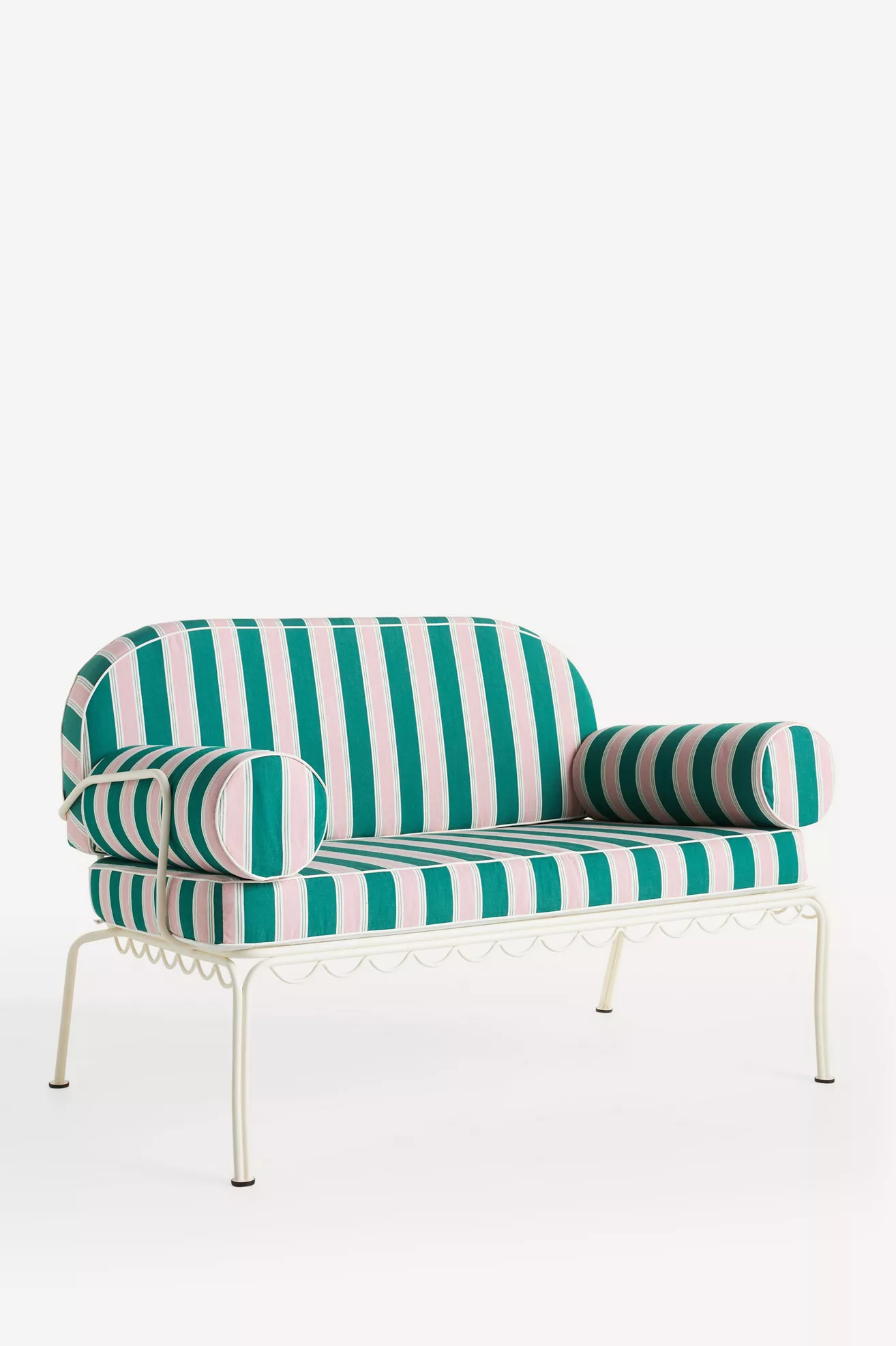  striped outdoor loveseat with metal frame and bolster cushions