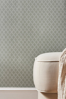 ANTHROPOLOGIE TREVOR SAGE LEAF TRELLIS FLORAL GEOMETRIC WALLPAPER