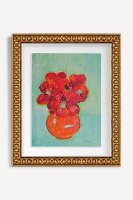 Red Flowers in Orange Vase Wall Art