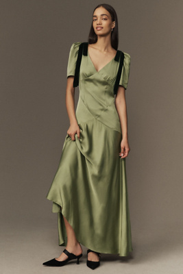 Mare Mare Bree Puff-sleeve V-neck Satin Midi Dress In Green