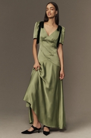 Mare Mare Bree Puff-Sleeve V-Neck Satin Slip Midi Dress