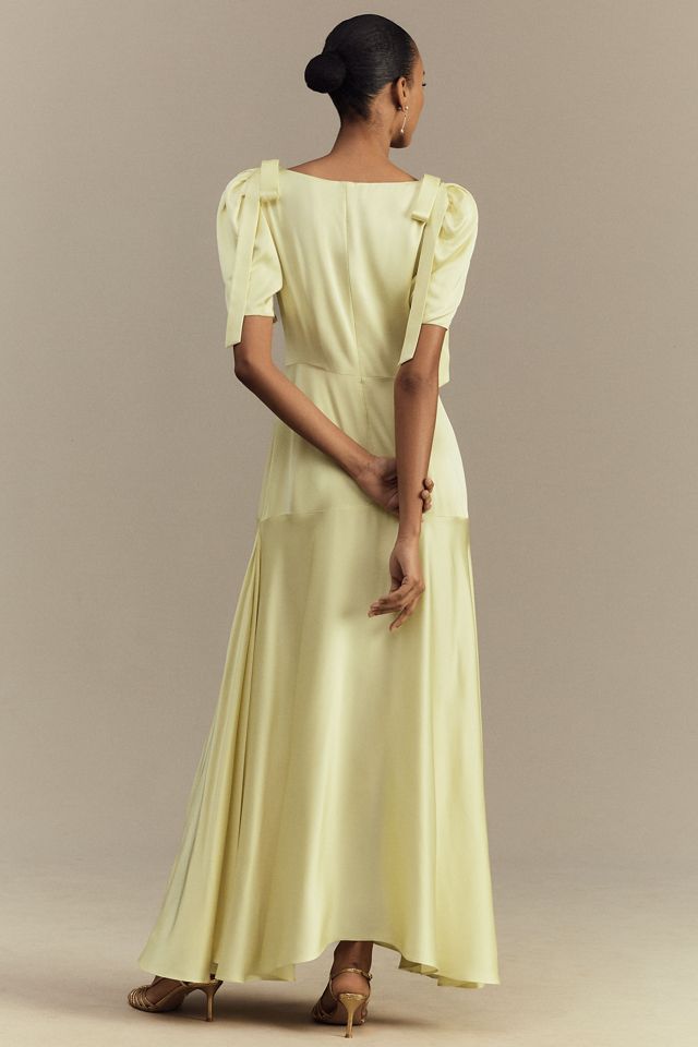 Mare Mare Bree Puff-Sleeve V-Neck Satin Slip Midi Dress