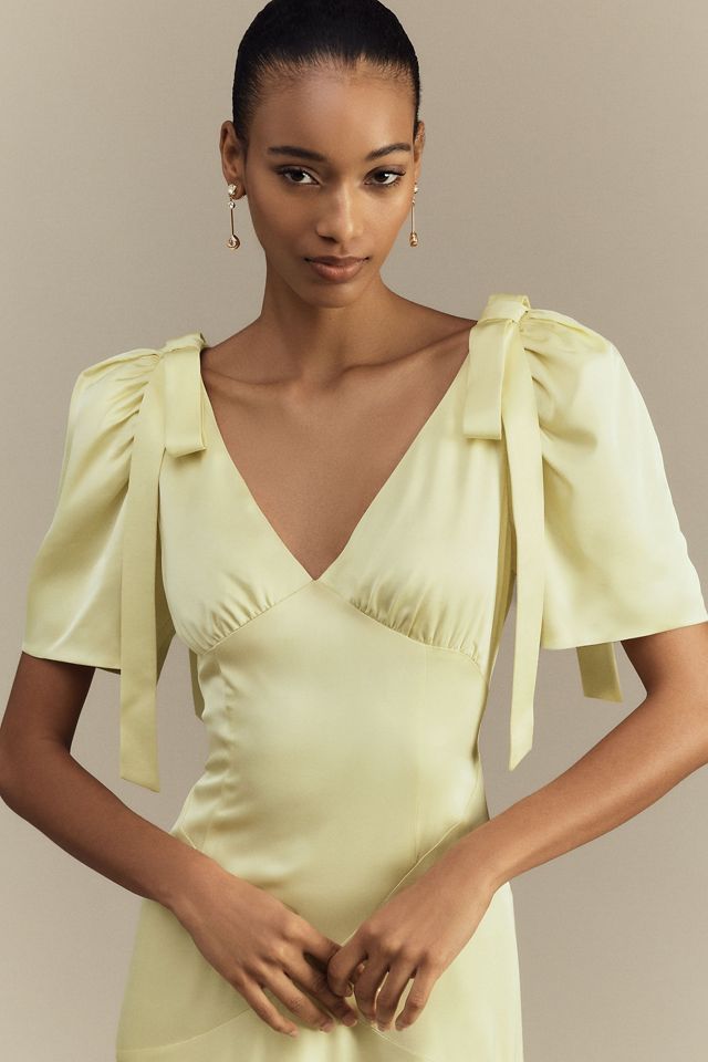 Mare Mare Bree Puff-Sleeve V-Neck Satin Slip Midi Dress
