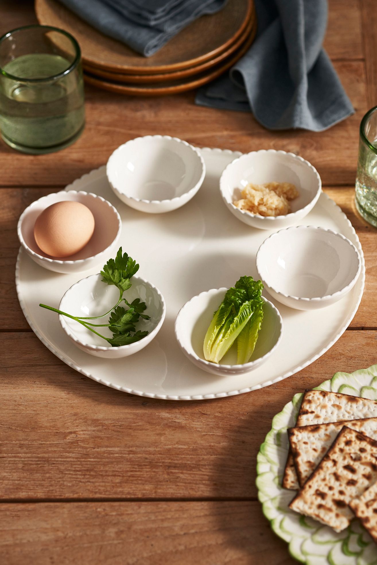 Scalloped Ceramic Seder Set, Ivory - Ivory, One Size