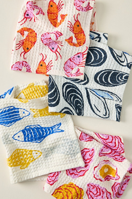 Anthropologie Fresh Catch Dishcloths, Set Of 4