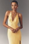 Bardot Yve V-Neck Halter Open-Back Front-Slit Silky Slip Maxi Dress