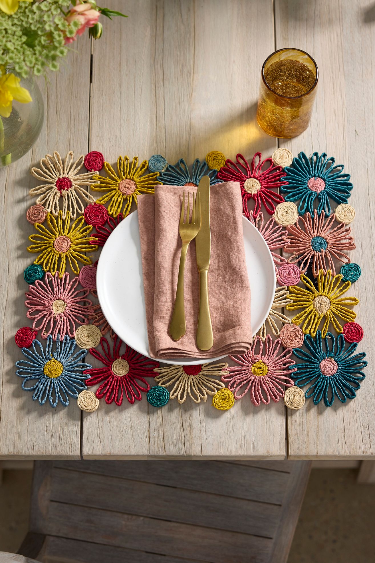 Floral Patchwork Raffia Placemat - Multi, Standard, One Size