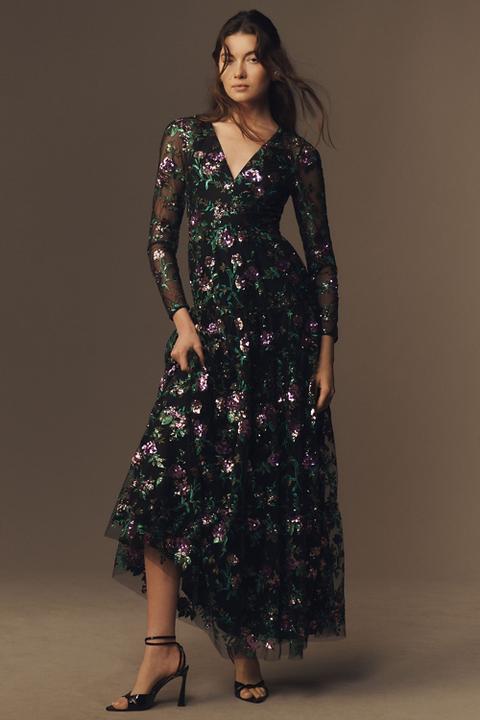 Dress The Population Angelina Long-Sleeve Sequin Floral Embroidered Maxi Dress