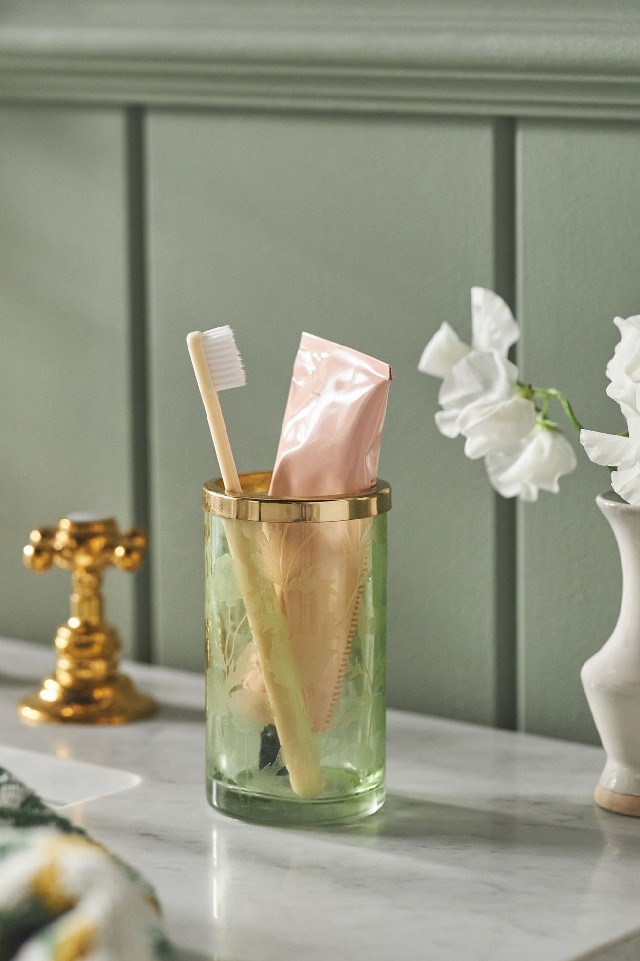 Floral Etched Glass Tumbler - Sage, One Size