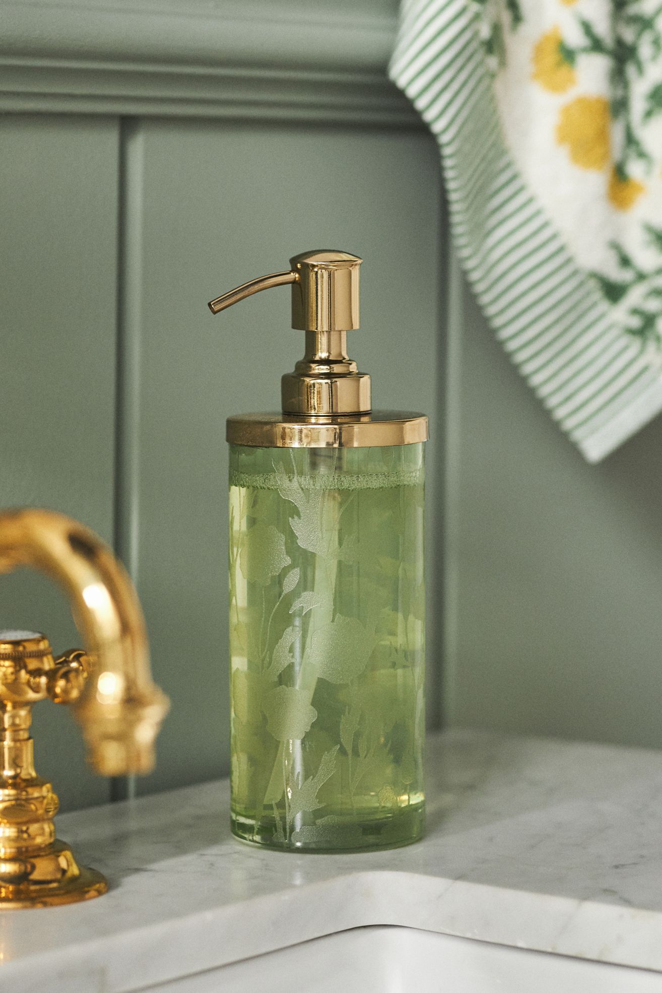 Floral Etched Glass Soap Dispenser - Sage, Standard, One Size