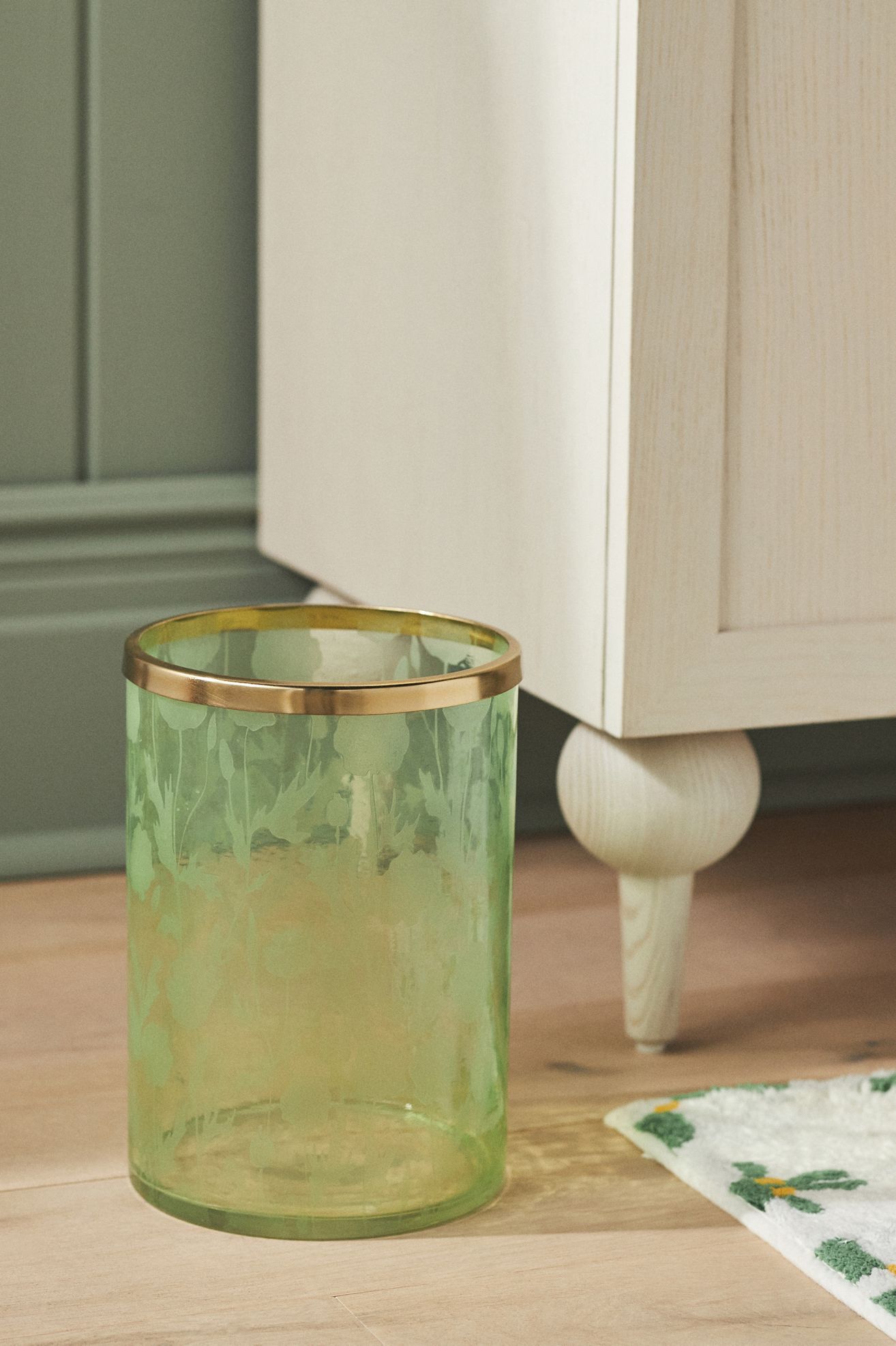 Floral Etched Glass Waste Basket - Sage, One Size