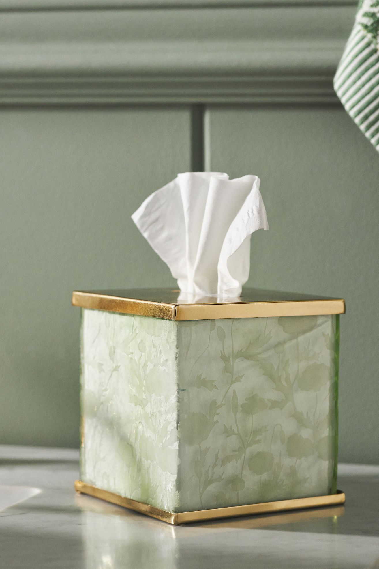 Floral Etched Glass Tissue Box - Sage, One Size