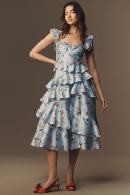 BHLDN SYDNEY CORSET FIT-AND-FLARE TAFFETA MIDI DRESS 