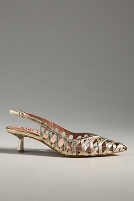 Bibi Lou Caged Slingback Kitten Heels In Gold