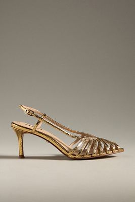 Lola Cruz Caged Slingback Heels In Gold