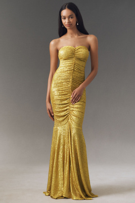 Strapless Shirred Fishtail Maxi Dress