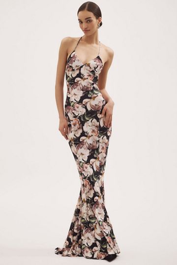 Mac Duggal Ruffle-Sleeve V-Neck Tiered Chiffon Maxi Dress