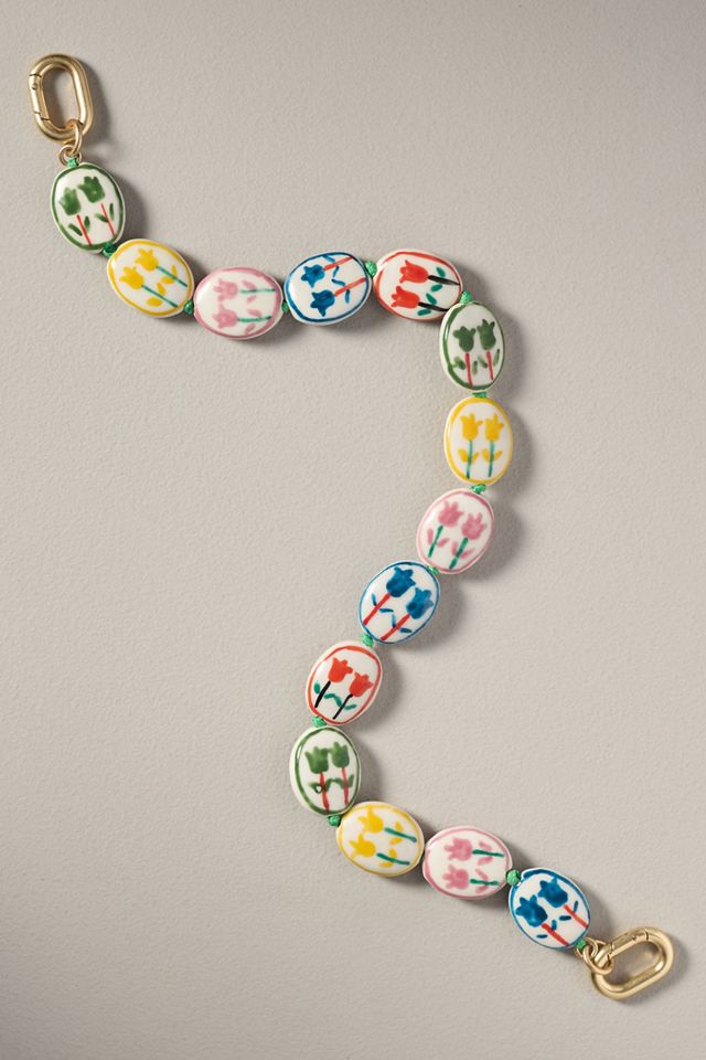 Clare V. Multicolor Porcelain Flower Beaded Shortie Bag Strap