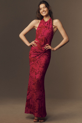 Leyla Cowled Halter Open-Back Knotted Jersey Maxi Dress