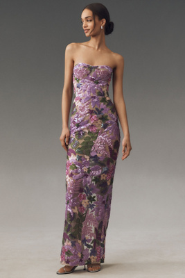 Bronx And Banco Dahlia Strapless Floral-embroidered Sequin Gown In Purple