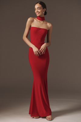Norma Kamali Turtleneck Strapless Fishtail Gown In Red