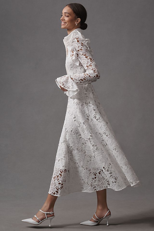 leo lin white dress Reiss Strapless Lace Belted Midi in Snow A center back split ensures ease of movement Leo Lin Sonia Bishop Sleeve