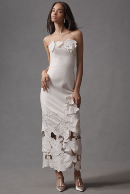 Shop Leo Lin Rayne Strapless Appliqué Midi Dress In White