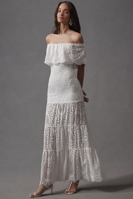 Nightcap Lanai Positano Off-the-shoulder Tiered Lace Maxi Dress In White