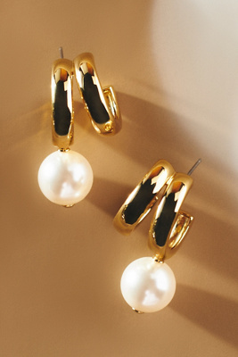 Nadri Farrah Pearl Drop Double Hoop Earrings In Gold