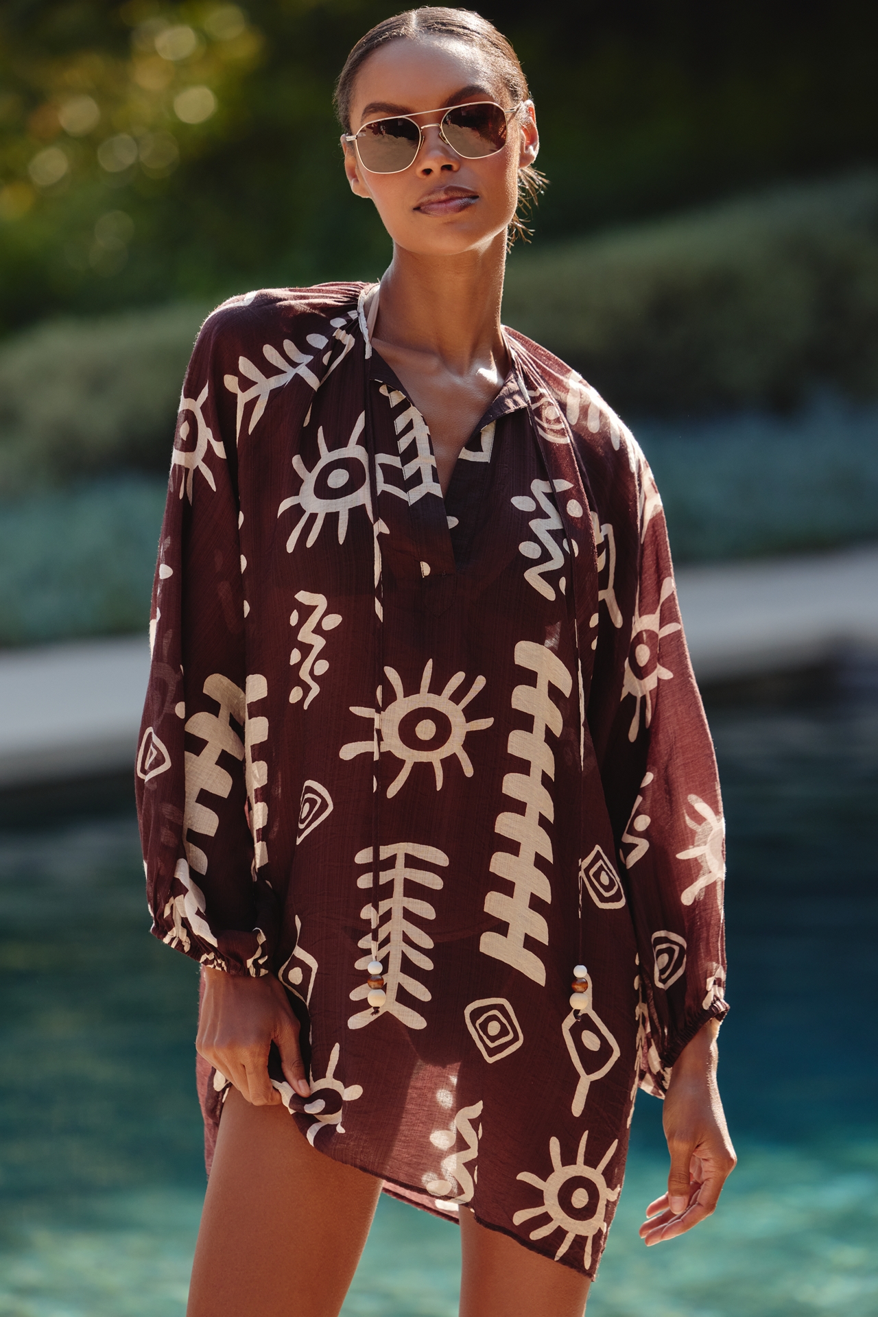Maeve Tie-Neck Printed Mini Kaftan